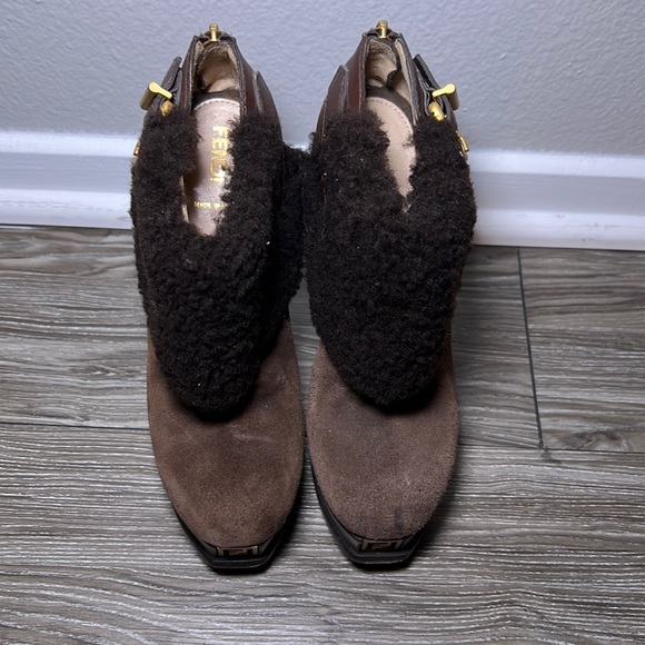 FENDI Fendista Shearling Fur Brown Suede Buckle Platform Ankle Boots - Picture 1 of 7
